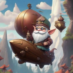 A whimsical scene of a gnome piloting an airship in a Dungeons and Dragons setting