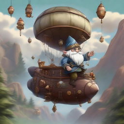 A whimsical scene of a gnome piloting an airship in a Dungeons and Dragons setting