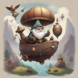 A whimsical scene of a gnome piloting an airship in a Dungeons and Dragons setting