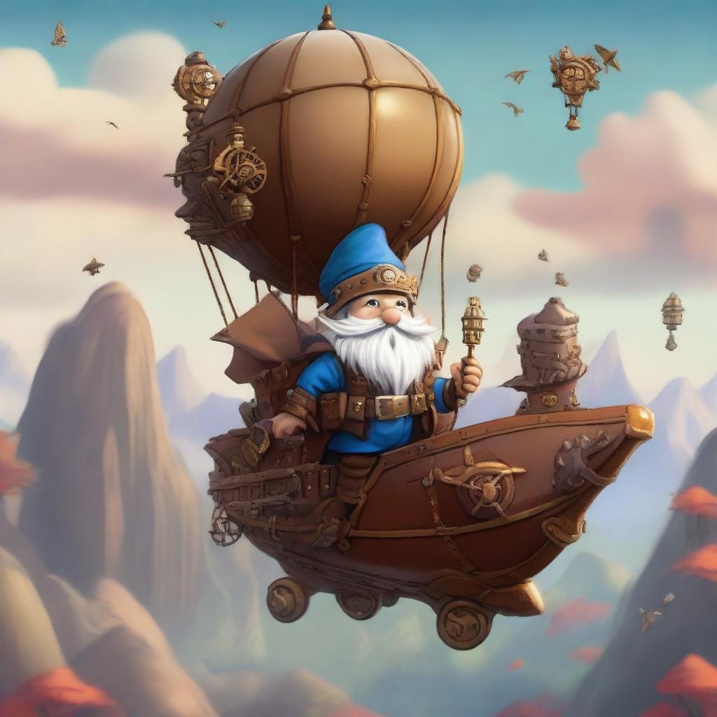 A whimsical scene of a gnome piloting an airship in a Dungeons and Dragons setting