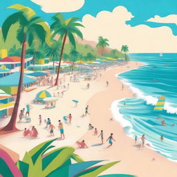 A vibrant and colorful illustration of a tropical beach with clear blue waters, palm trees, and people enjoying the sun