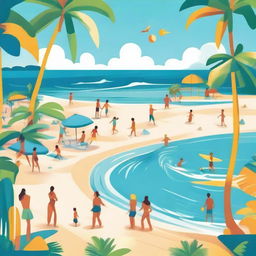 A vibrant and colorful illustration of a tropical beach with clear blue waters, palm trees, and people enjoying the sun