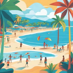 A vibrant and colorful illustration of a tropical beach with clear blue waters, palm trees, and people enjoying the sun