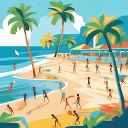 A vibrant and colorful illustration of a tropical beach with clear blue waters, palm trees, and people enjoying the sun