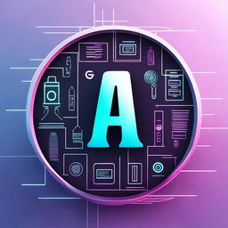 Create an image featuring futuristic symbols and gadgets, prominently including the letters 'I A'