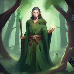 A detailed fantasy illustration of a half-elf druid character from Dungeons and Dragons