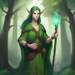 A detailed fantasy illustration of a half-elf druid character from Dungeons and Dragons