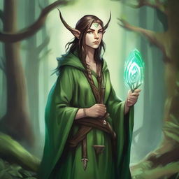 A detailed fantasy illustration of a half-elf druid character from Dungeons and Dragons