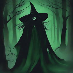 In the center, a dark and ethereal figure of the witch, without a clearly defined face, but with bright green eyes standing out in the darkness