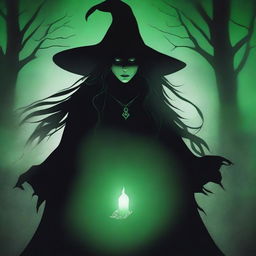 In the center, a dark and ethereal figure of the witch, without a clearly defined face, but with bright green eyes standing out in the darkness