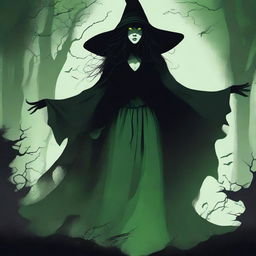 In the center, a dark and ethereal figure of the witch, without a clearly defined face, but with bright green eyes standing out in the darkness