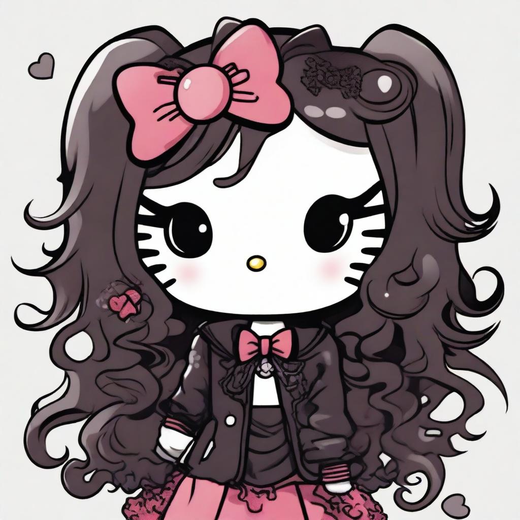 A depiction of Hello Kitty with long curly brown hair, soft makeup, and wearing goth clothes