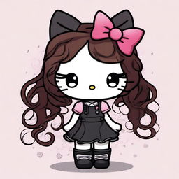 A depiction of Hello Kitty with long curly brown hair, soft makeup, and wearing goth clothes