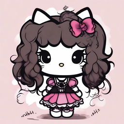 A depiction of Hello Kitty with long curly brown hair, soft makeup, and wearing goth clothes