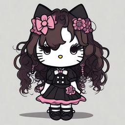 A depiction of Hello Kitty with long curly brown hair, soft makeup, and wearing goth clothes