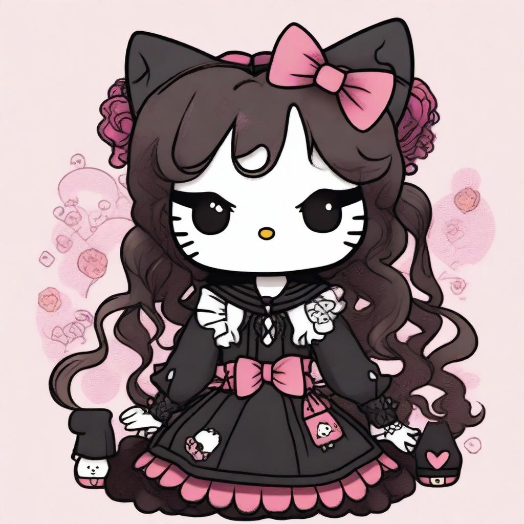 A depiction of Hello Kitty with long curly brown hair, soft makeup, and wearing goth clothes