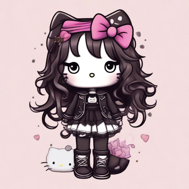 A depiction of Hello Kitty with long curly brown hair, soft makeup, and wearing goth clothes