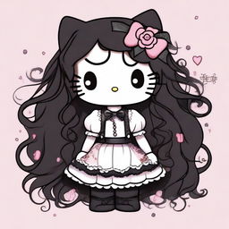 A depiction of Hello Kitty with long curly brown hair, soft makeup, and wearing goth clothes