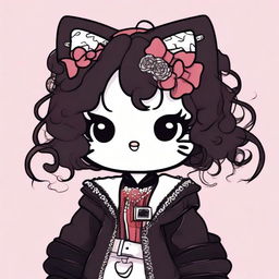 A depiction of Hello Kitty with long curly brown hair, soft makeup, and wearing goth clothes