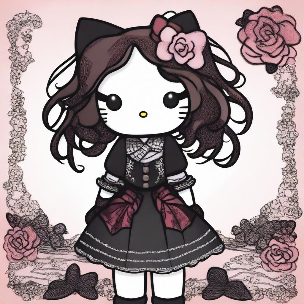 A traditional depiction of Hello Kitty with long curly brown hair, soft makeup, and wearing goth clothes