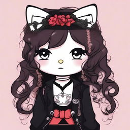 A traditional depiction of Hello Kitty with long curly brown hair, soft makeup, and wearing goth clothes