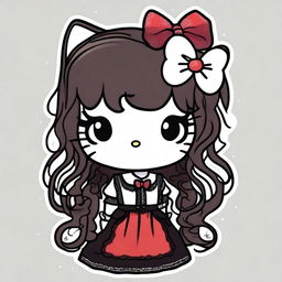 A traditional depiction of Hello Kitty with long curly brown hair, soft makeup, and wearing goth clothes