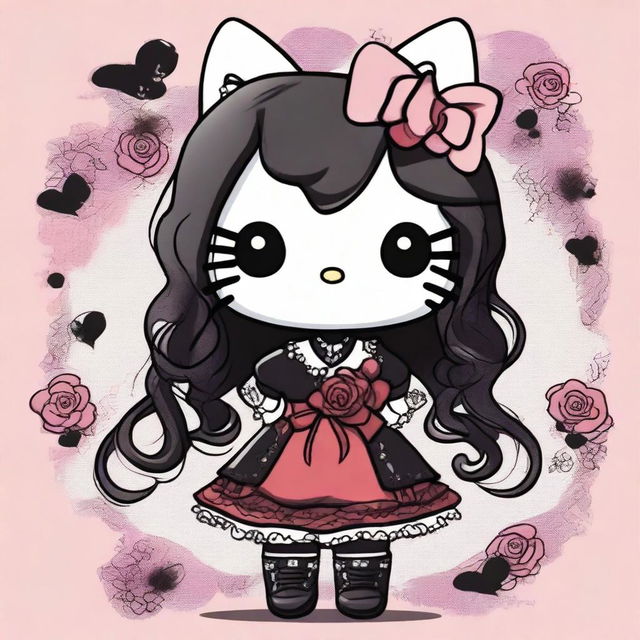 A traditional depiction of Hello Kitty with long curly brown hair, soft makeup, and wearing goth clothes