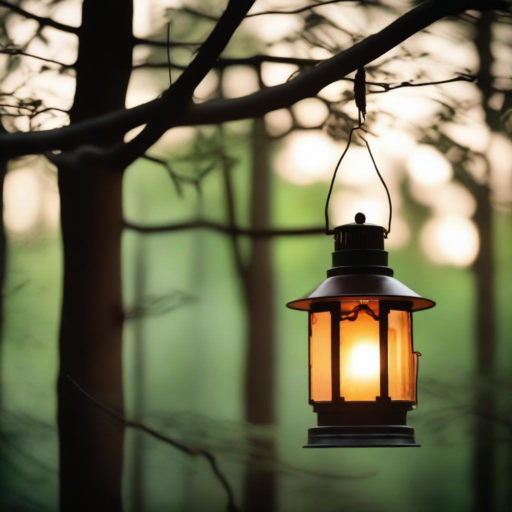 A serene image of a glowing lantern hanging from a tree branch in a quiet forest at dusk