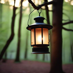 A serene image of a glowing lantern hanging from a tree branch in a quiet forest at dusk