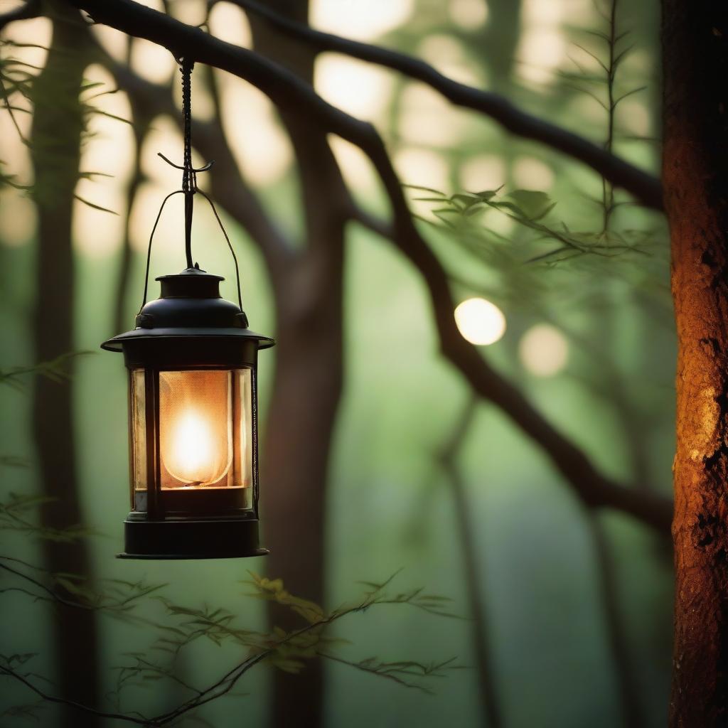 A serene image of a glowing lantern hanging from a tree branch in a quiet forest at dusk