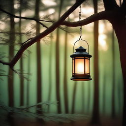 A serene image of a glowing lantern hanging from a tree branch in a quiet forest at dusk