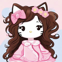 A traditional depiction of Hello Kitty with long curly brown hair and soft makeup