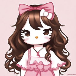 A traditional depiction of Hello Kitty with long curly brown hair and soft makeup