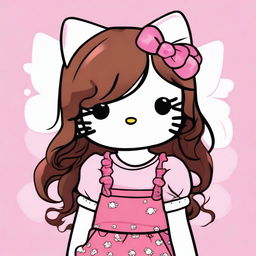 A traditional depiction of Hello Kitty with long curly brown hair and soft makeup