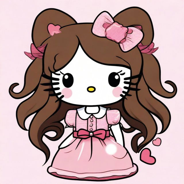 A traditional depiction of Hello Kitty with long curly brown hair and soft makeup