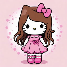 A depiction of Hello Kitty with long curly brown hair