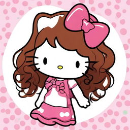 A depiction of Hello Kitty with long curly brown hair