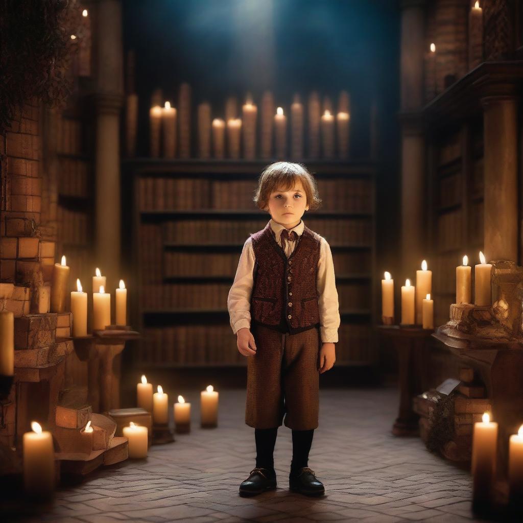 A 1920s Romanian child dressed in period-appropriate clothing, standing in a magical setting reminiscent of the Harry Potter universe