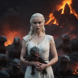 An angry Daenerys Targaryen with baby dragons, set against a dark backdrop of vivid lava flows and scorched earth