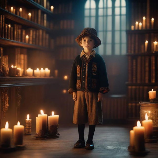 A 1920s Romanian child dressed in period-appropriate clothing, standing in a magical setting reminiscent of the Harry Potter universe