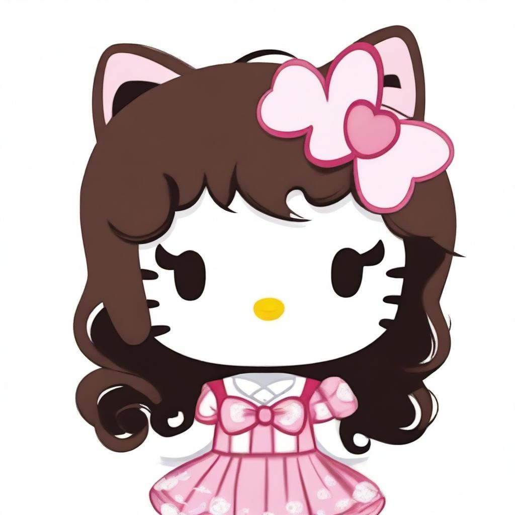 A depiction of Hello Kitty with long curly dark brown hair