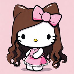 A depiction of Hello Kitty with long curly dark brown hair