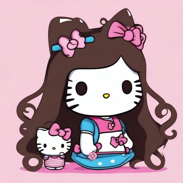 A depiction of Hello Kitty with long curly dark brown hair