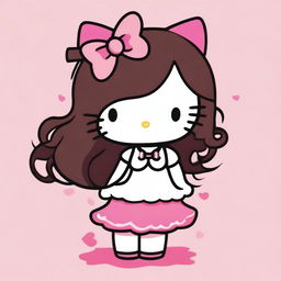 A depiction of Hello Kitty with long curly dark brown hair