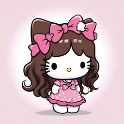 A depiction of Hello Kitty with long curly dark brown hair