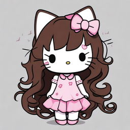 A depiction of Hello Kitty with long curly dark brown hair