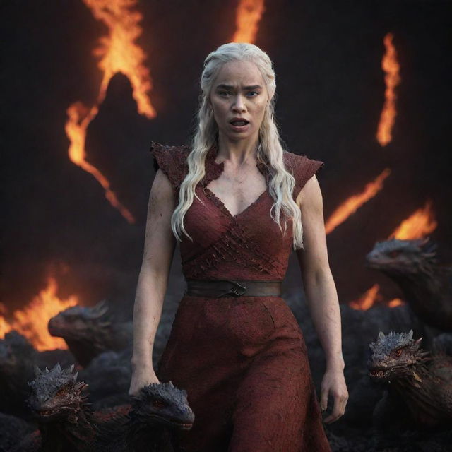 An angry Daenerys Targaryen with baby dragons, set against a dark backdrop of vivid lava flows and scorched earth