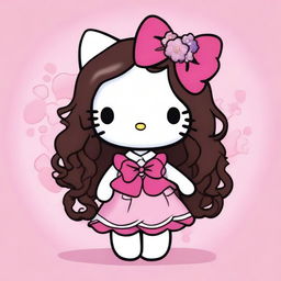 A depiction of Hello Kitty with long curly dark brown hair