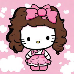 A depiction of the Hello Kitty character with long curly dark brown hair