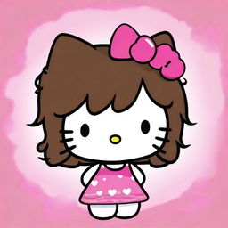 A depiction of the Hello Kitty character with long curly dark brown hair